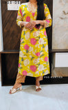 Yellow Front Pleated Kurti Pant Set