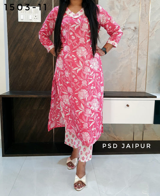 Pink Cotton Kurti Pant Set