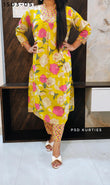Yellow Front Pleated Kurti Pant Set