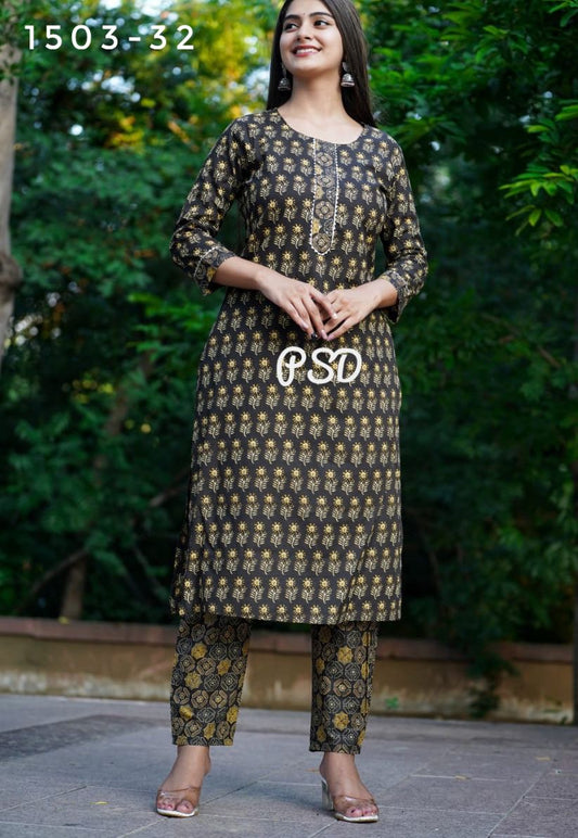 Brown Cotton Kurti Pant Set