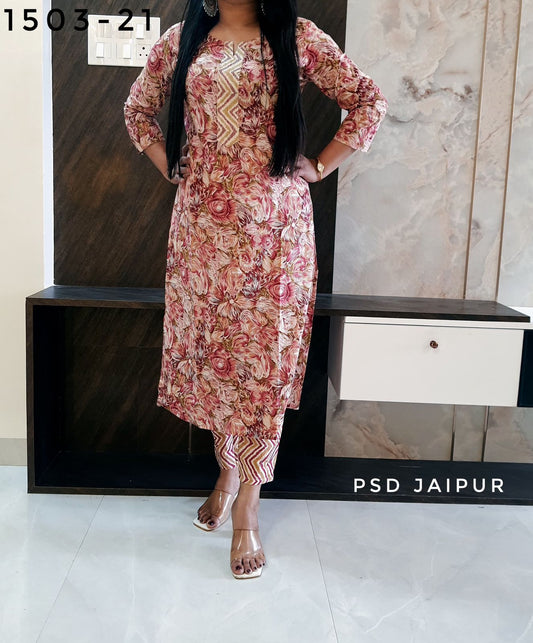 Pink Cotton Kurti Pant Set