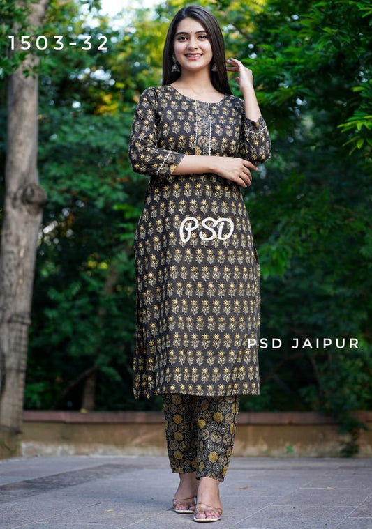 Brown Cotton Kurti Pant Set