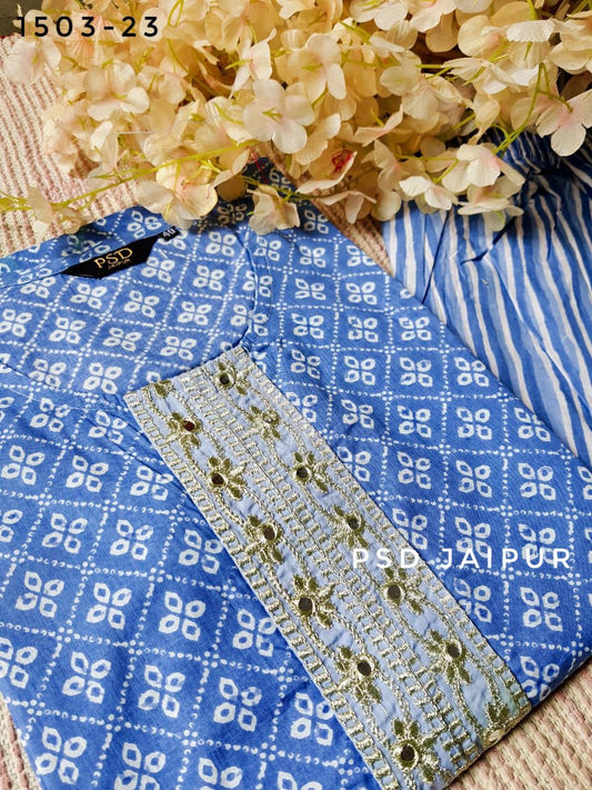 Sky Blue Bandhej Kurti Pant Set