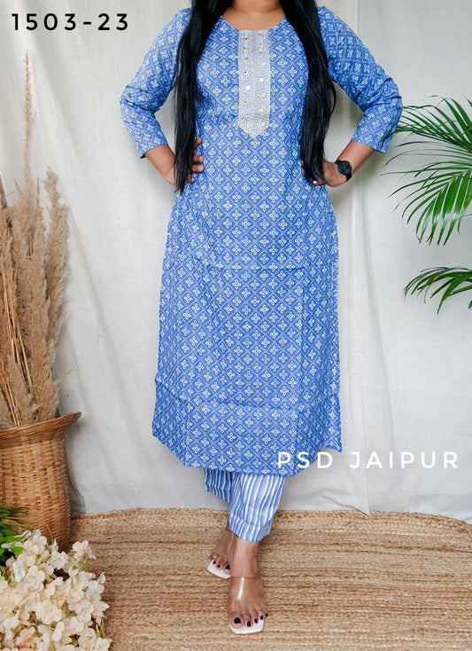 Sky Blue Bandhej Kurti Pant Set