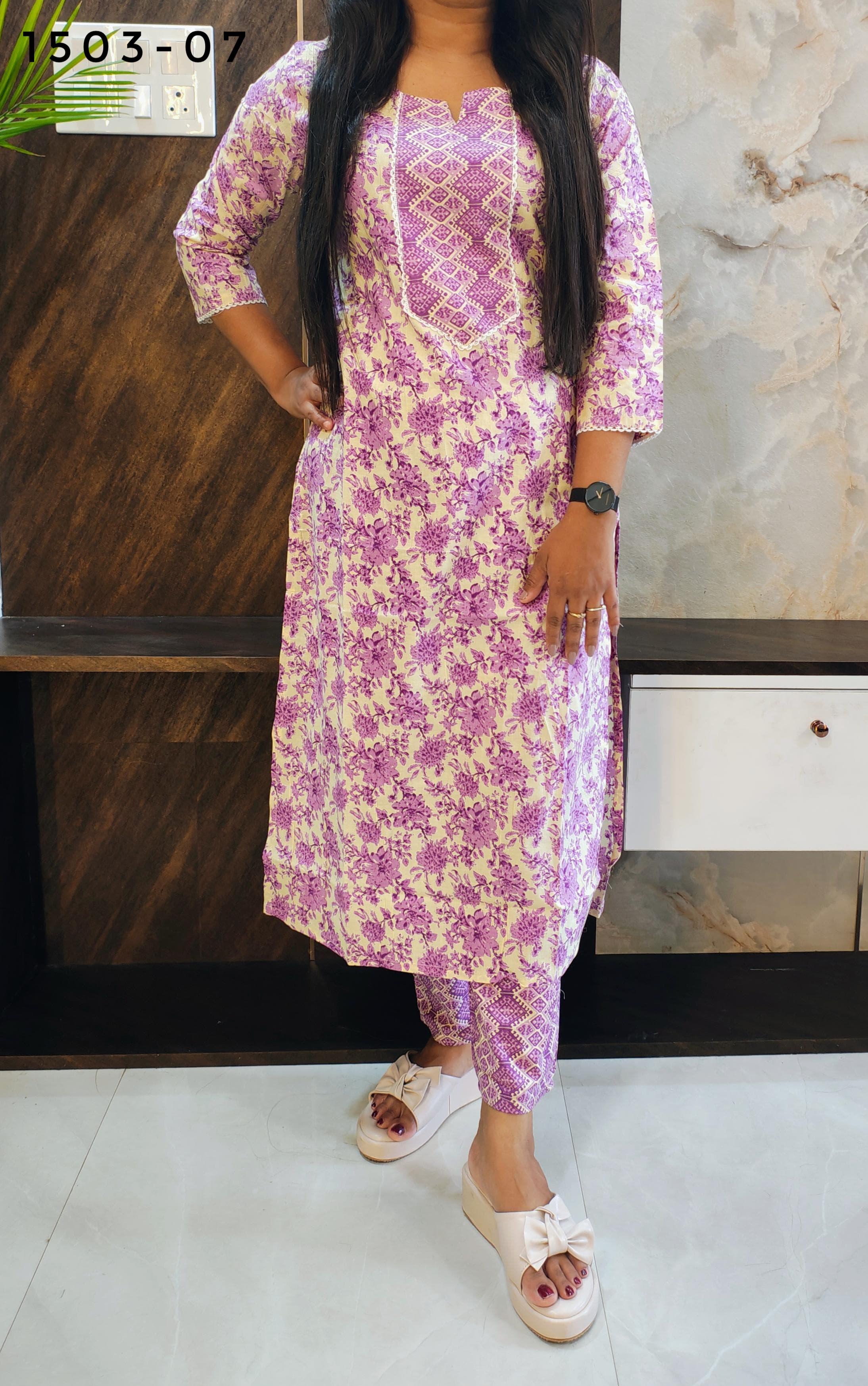 Levender Cotton Kurti Pant Set