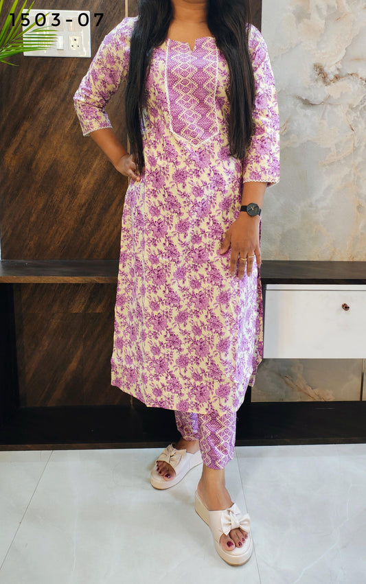 Levender Cotton Kurti Pant Set