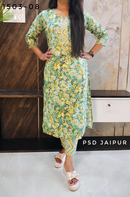 Green Cotton Kurti Pant Set