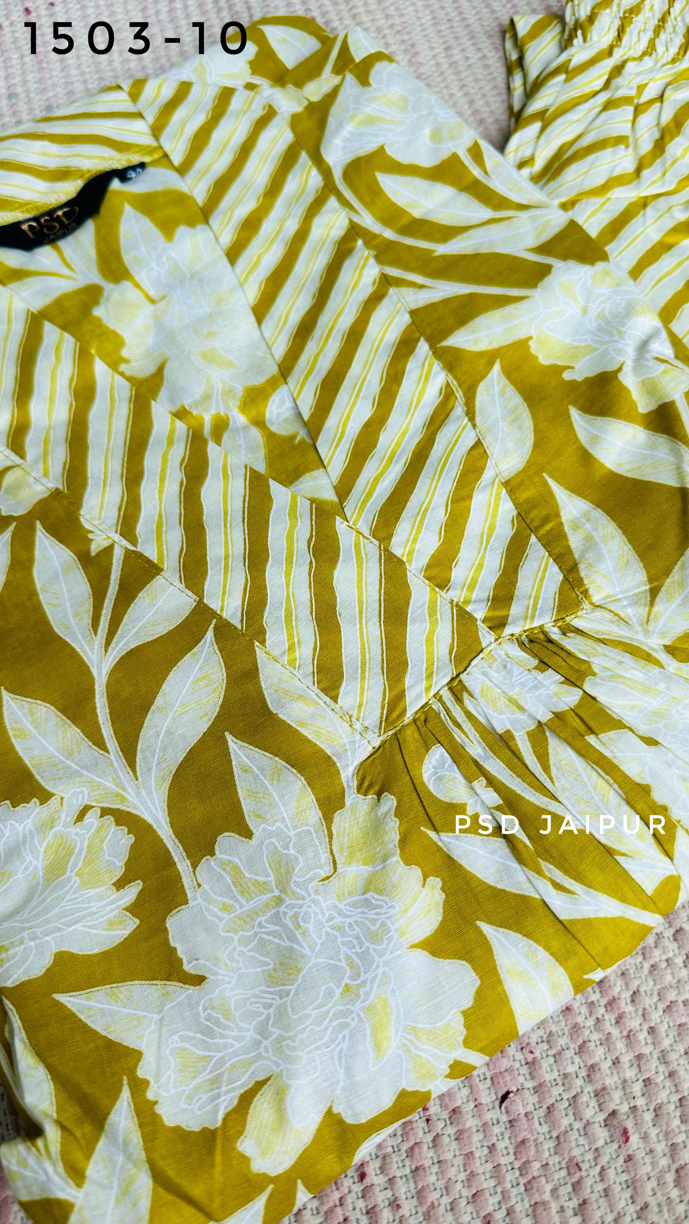 Yellow Cotton Front Pleated Kurti Pant