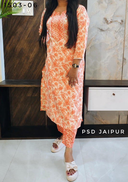 Light orange Cotton Kurti Pant Set