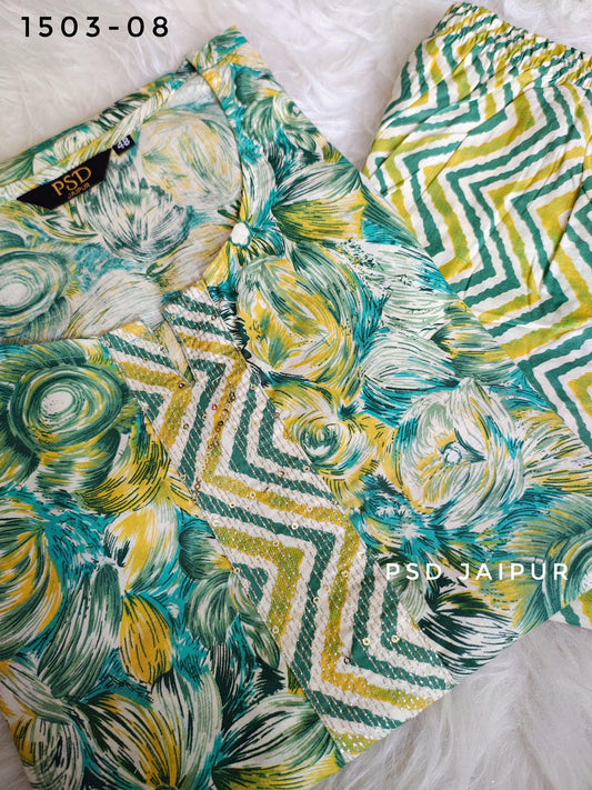 Green Cotton Kurti Pant Set