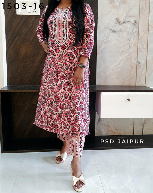 Pink Cotton Kurti Pant Set