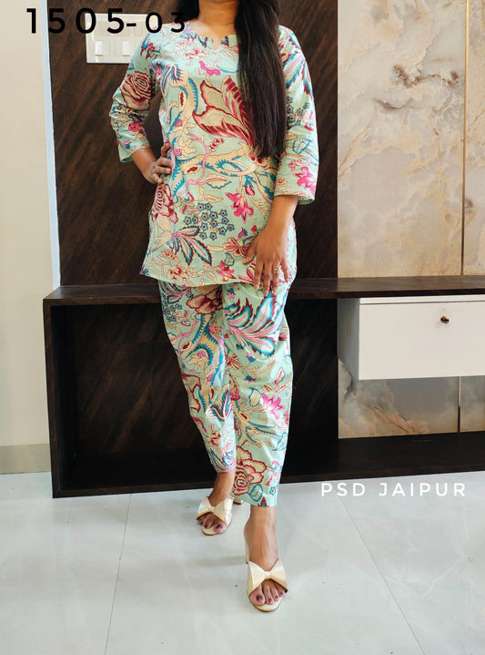 Sky Blue Leaf Print Cotton Co-ord Set