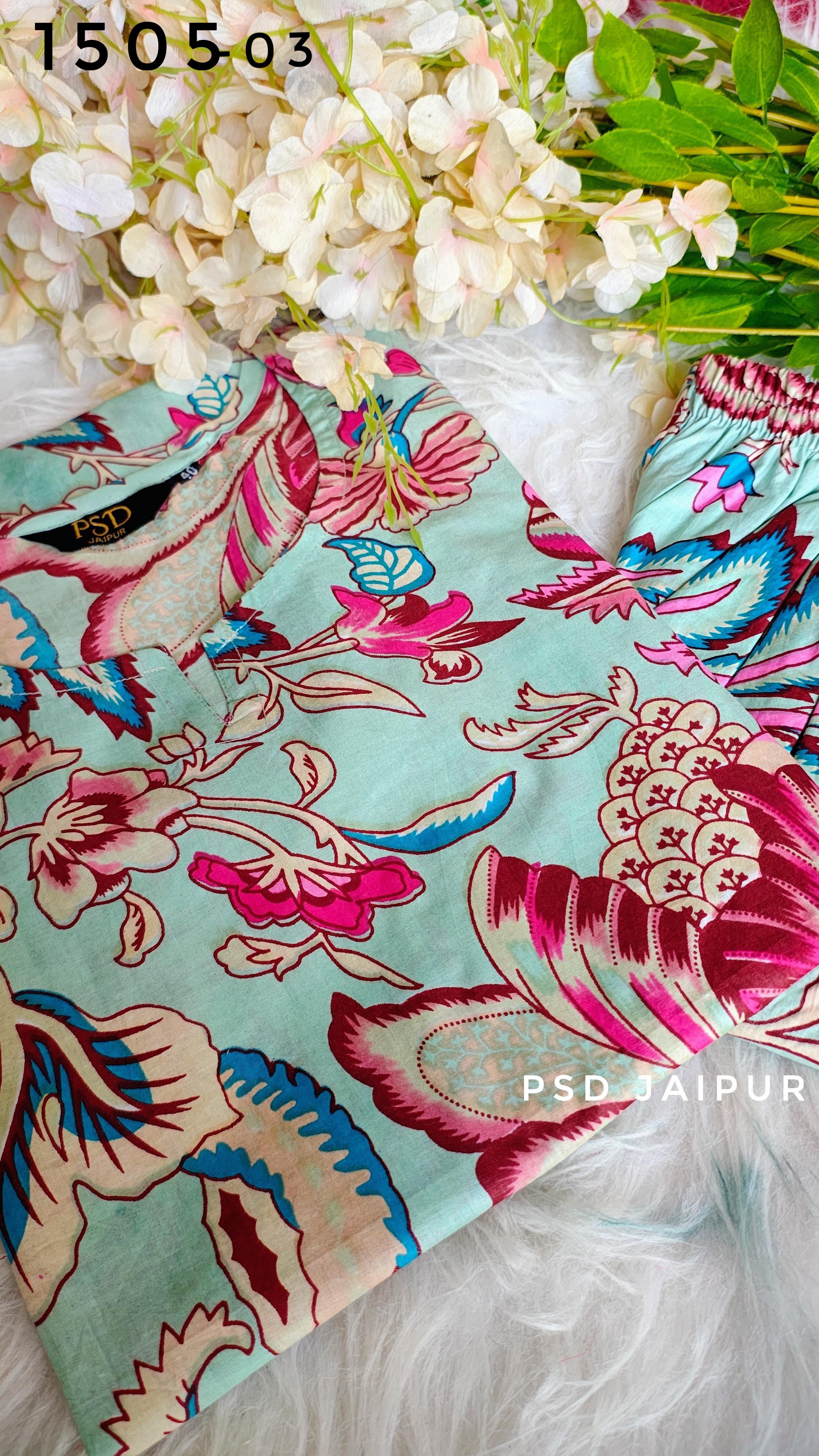 Sky Blue Leaf Print Cotton Co-ord Set