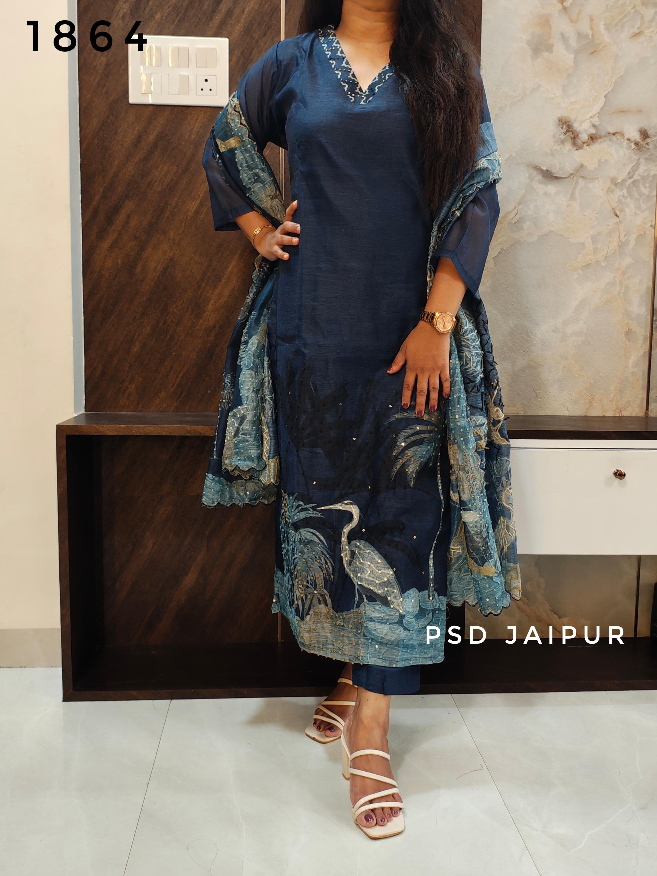 Blue Chanderi Suit-Bird Print