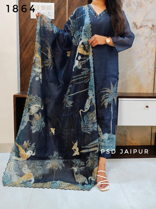 Blue Chanderi Suit-Bird Print