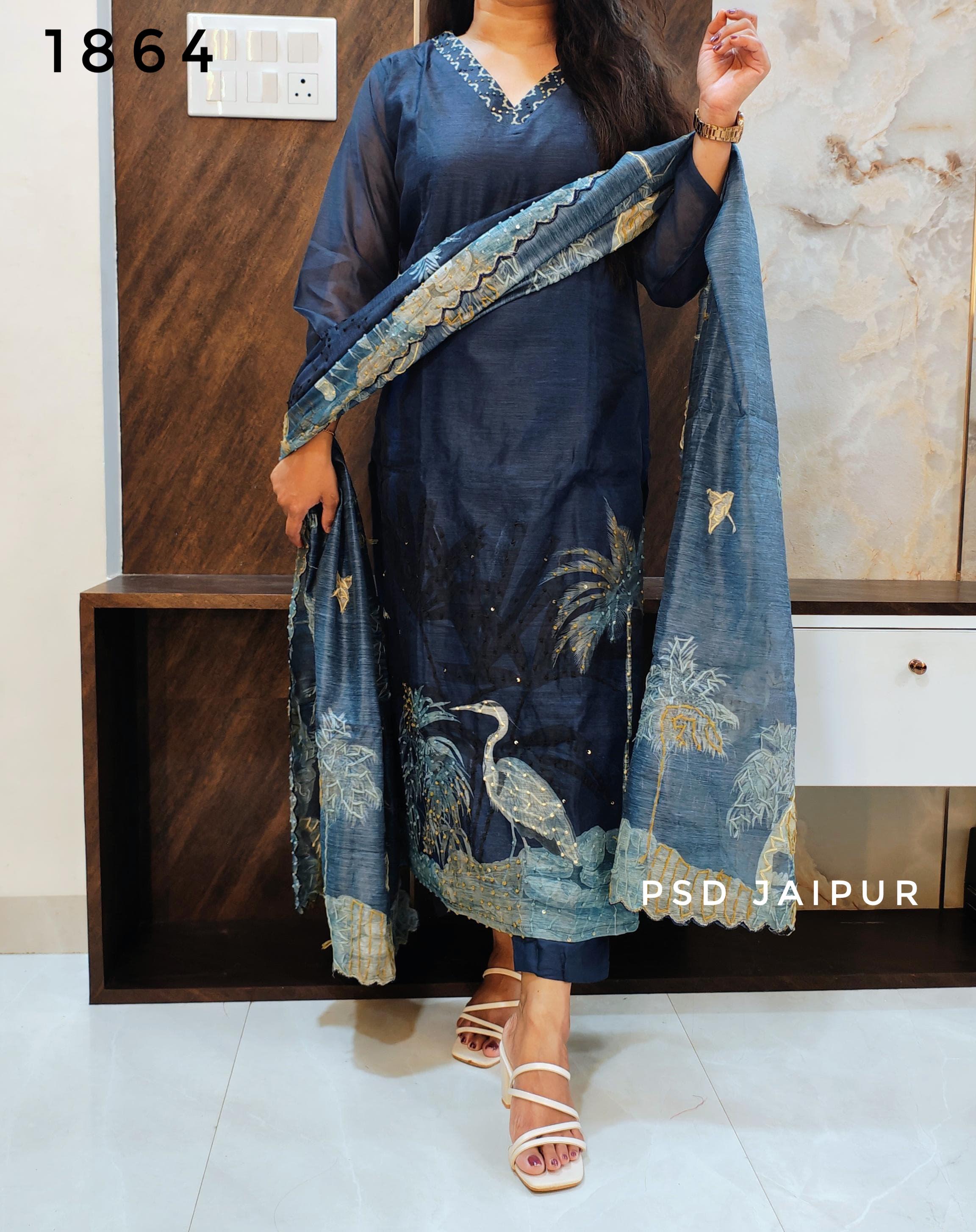 Blue Chanderi Suit-Bird Print