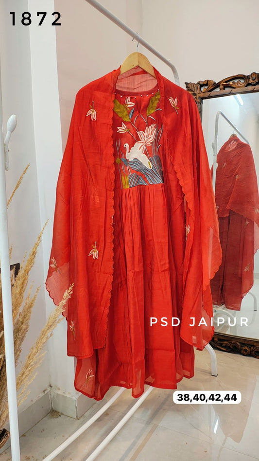 Rust Mal Chanderi A-Line Suit