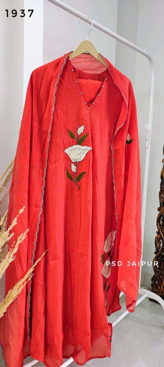 Rust Orange Mul Chanderi Suit