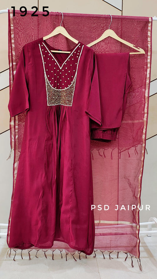 Wine Mul Chanderi suit