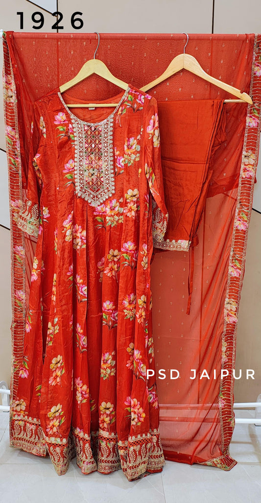 Orange Pure Anarkali chinon suit