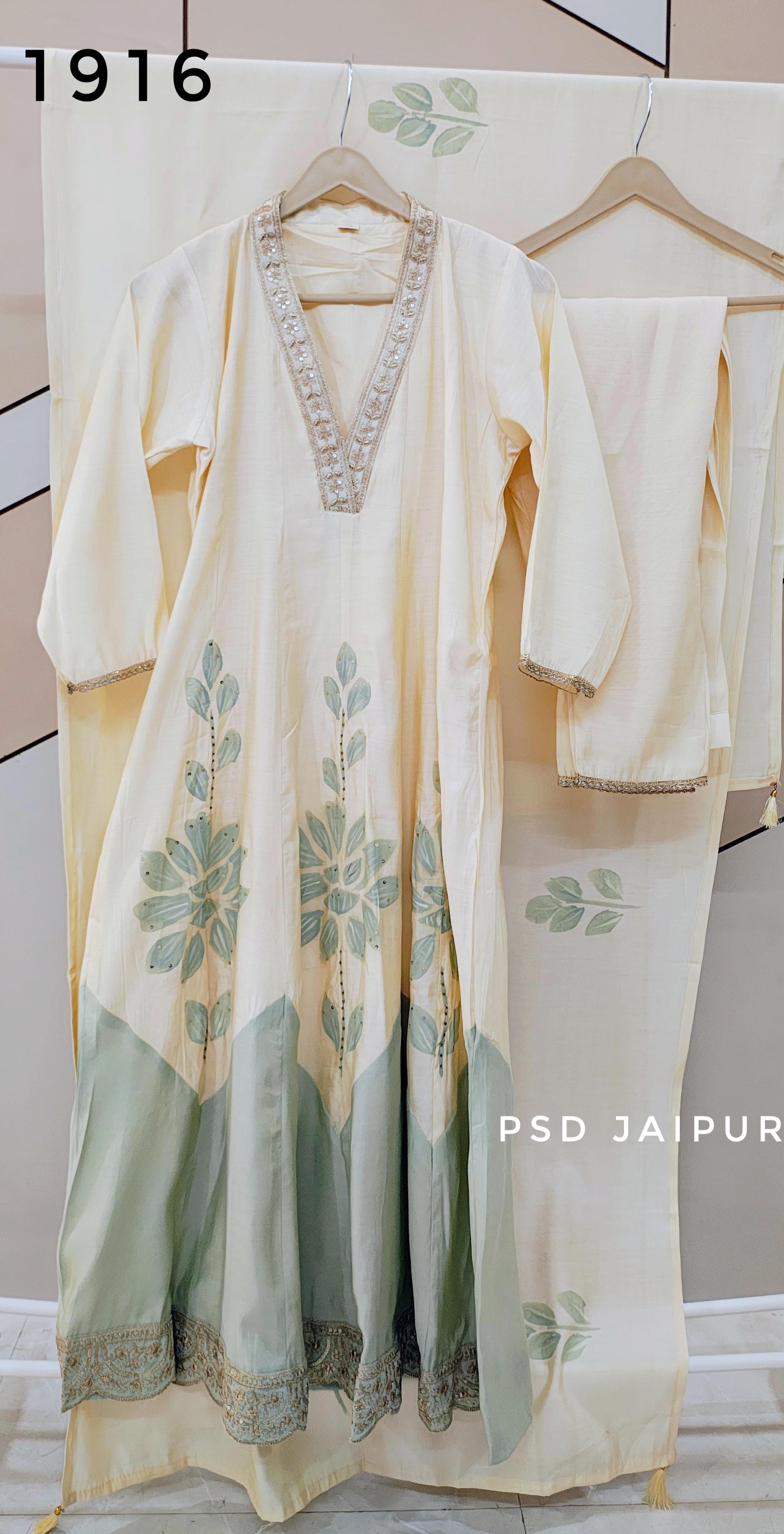 Off white and GreenAnarkali Suit