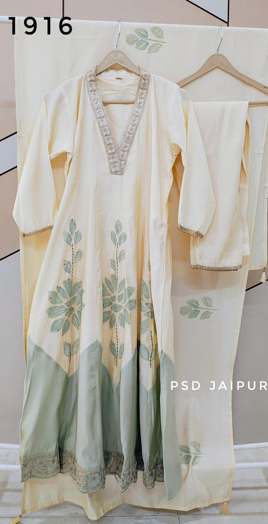 Off white and GreenAnarkali Suit