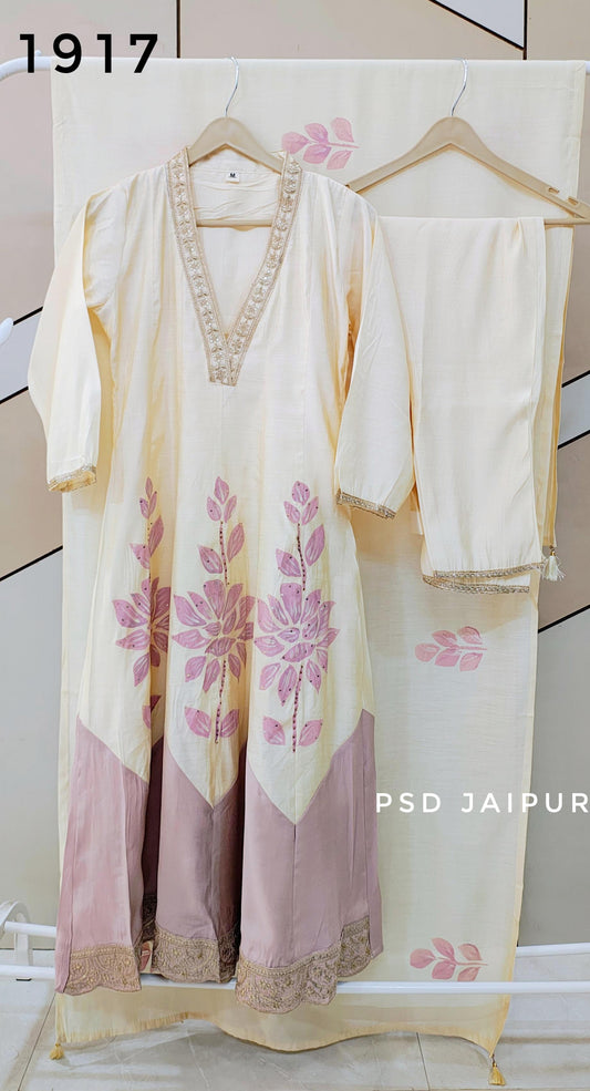 Off white and purple Anarkali Suit
