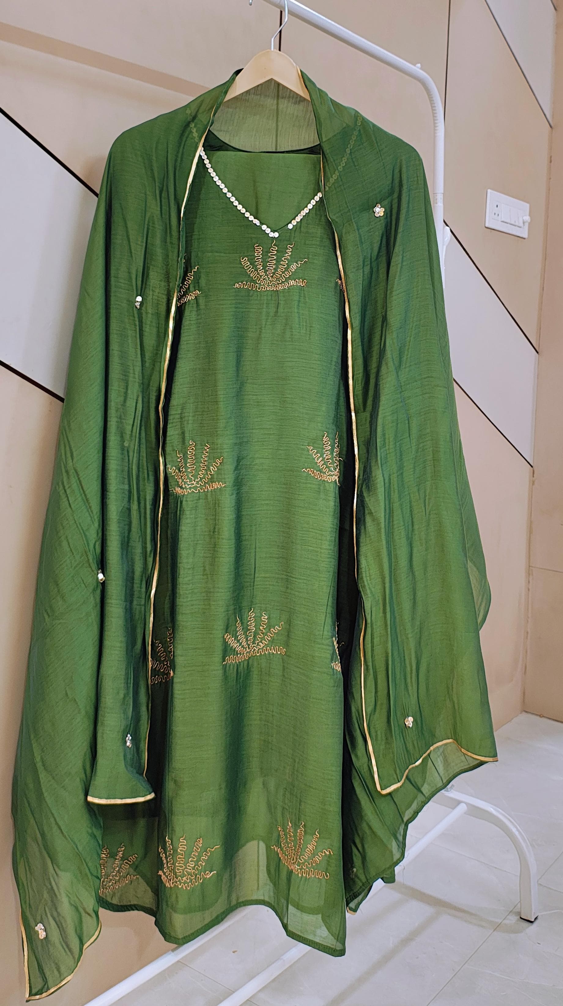 Green Mul chanderi A-lIne Suit