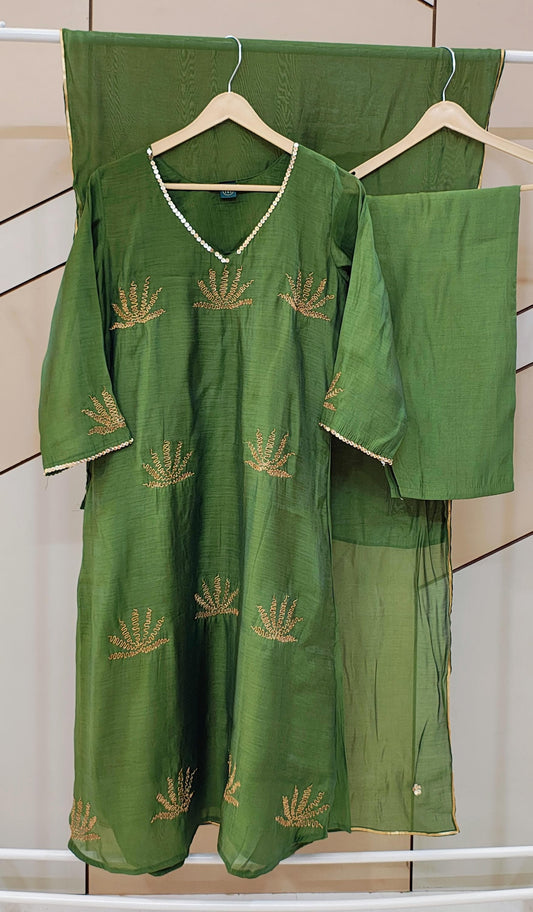 Green Mul chanderi A-lIne Suit