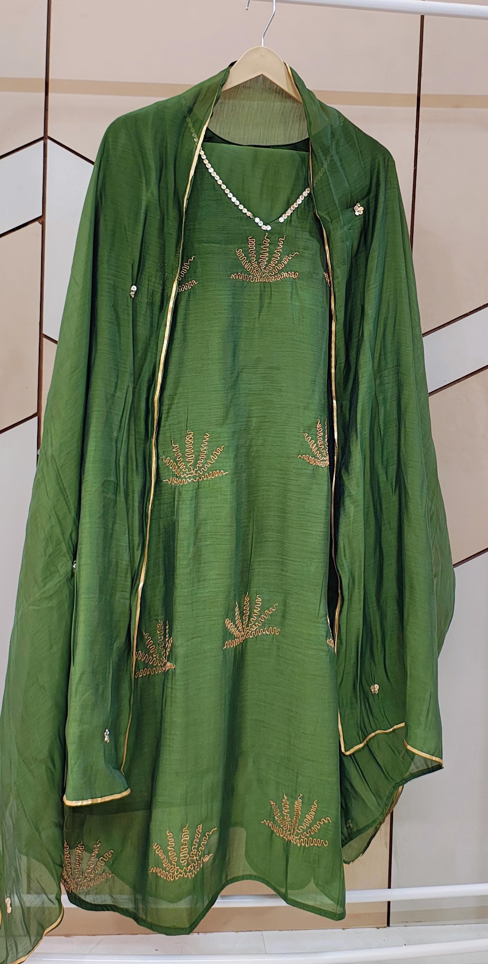Green Mul chanderi A-lIne Suit