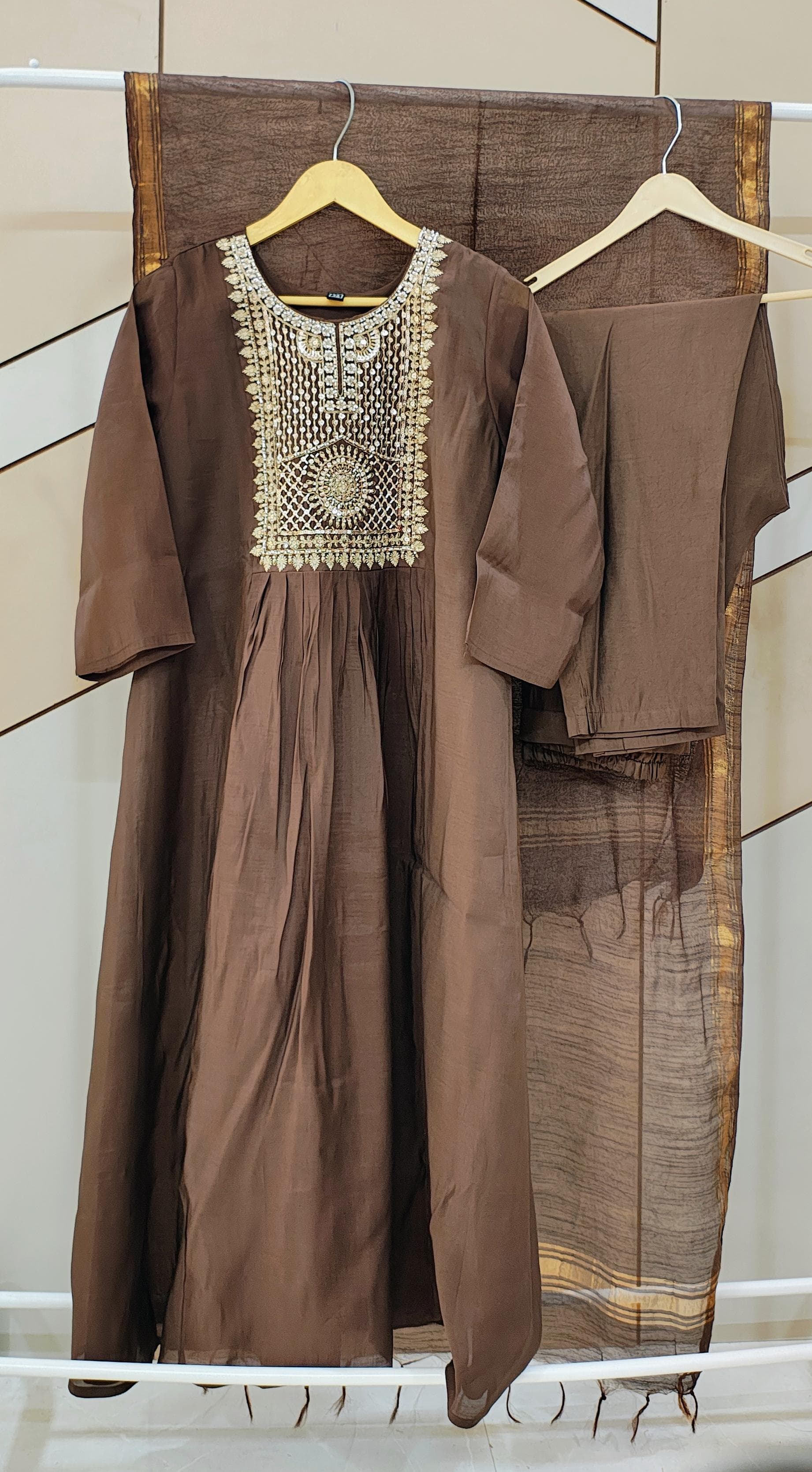Brown Mul chanderi suit