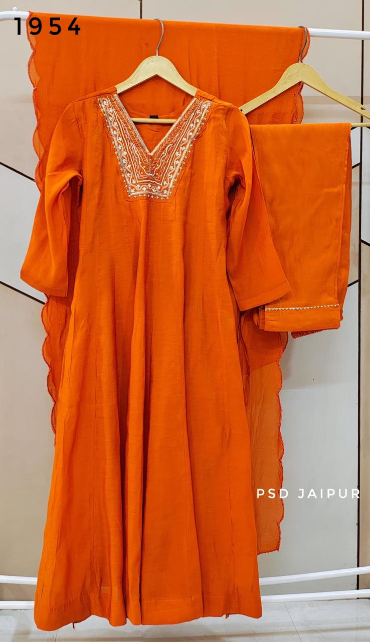 Orange Mul chanderi Anarkali suit