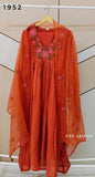 Rust Orange Glass Neck Mul Chanderi Suit