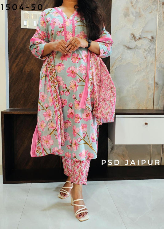 Sky Blue Floral Pure Cotton Suit