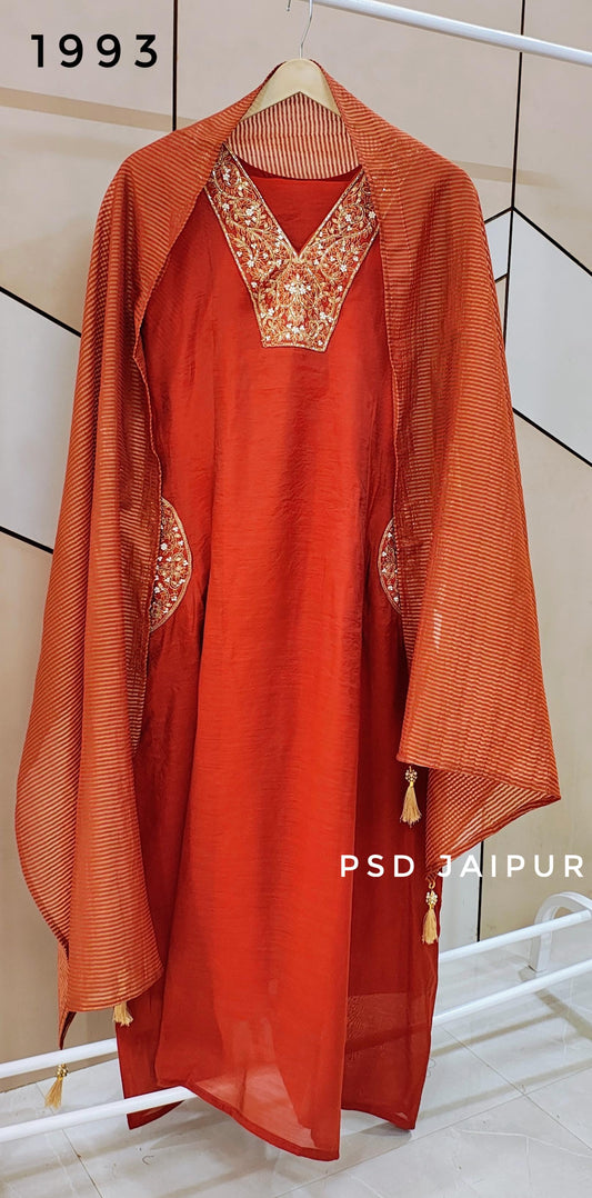 Rust orange Mul Chanderi Suit