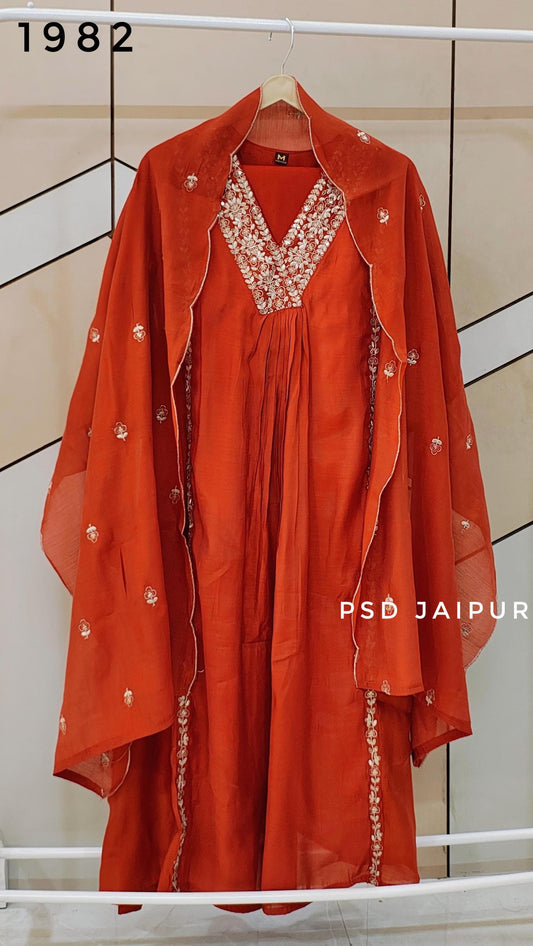 Rust Orange front pleated Mul Chanderi Suit