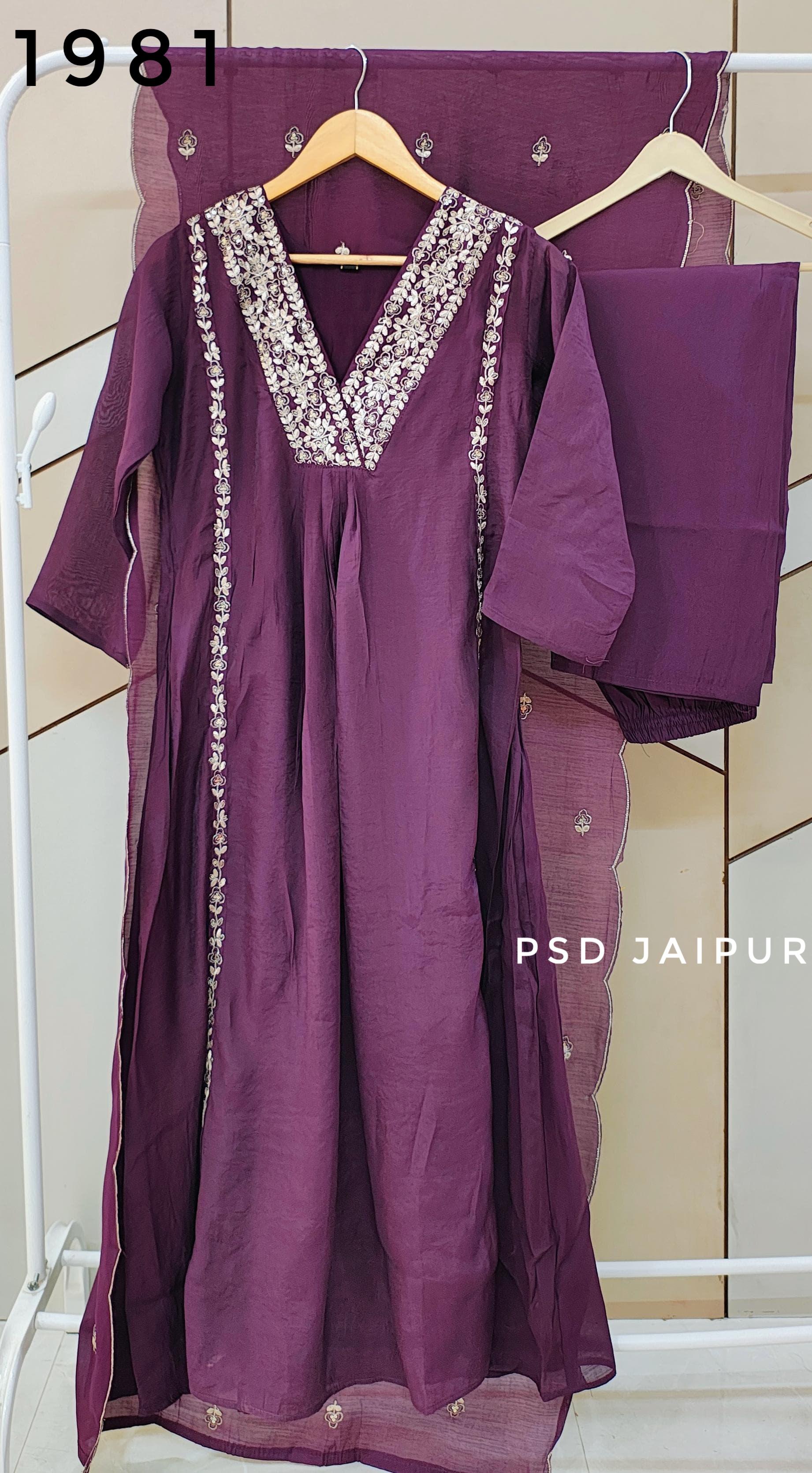 Purple front pleated Mul Chanderi Suit