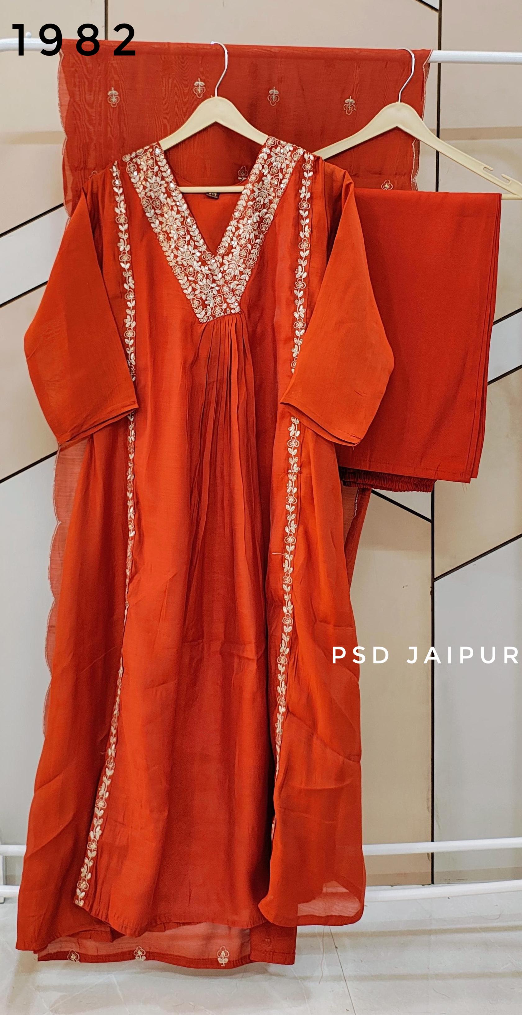Rust Orange front pleated Mul Chanderi Suit