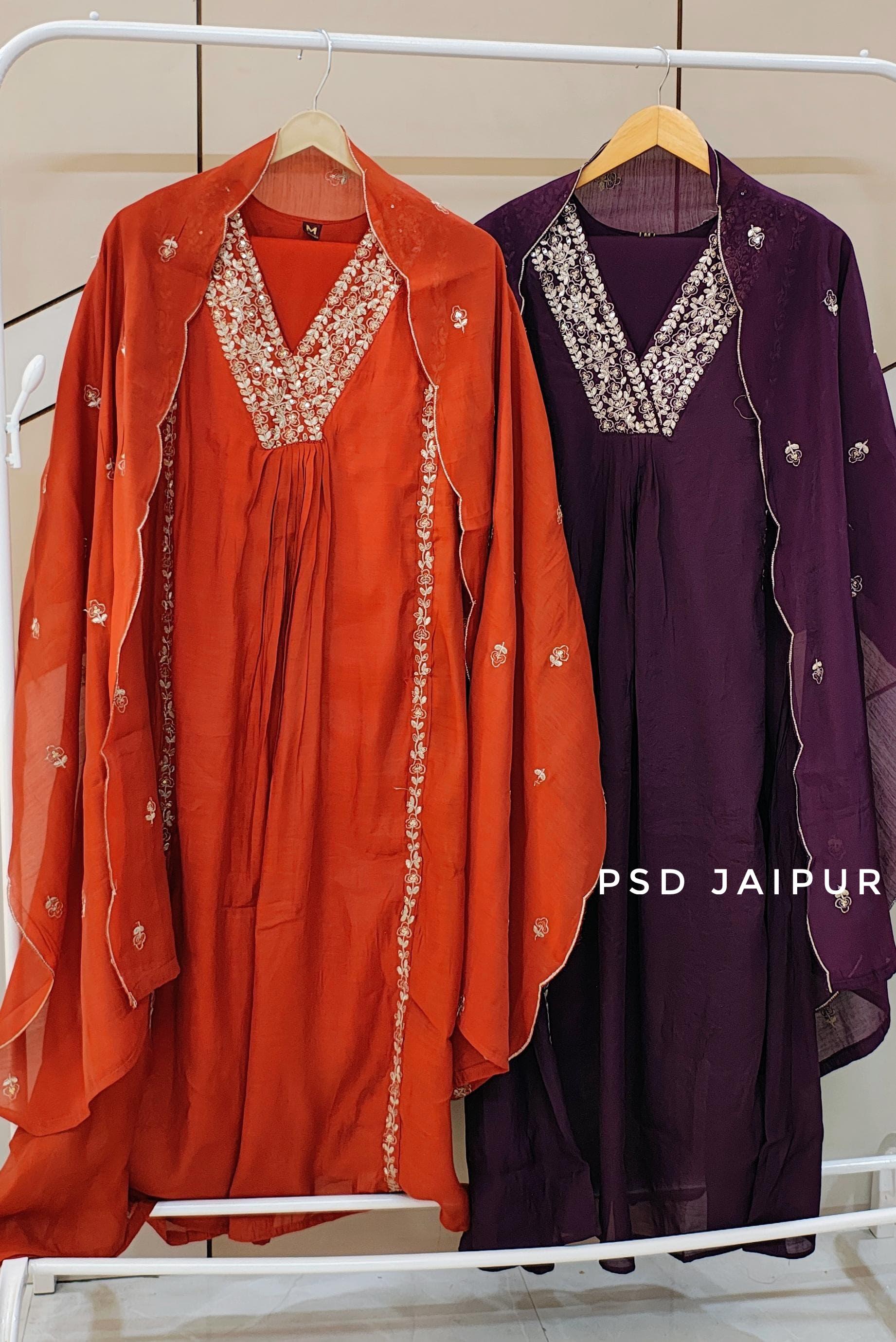 Rust Orange front pleated Mul Chanderi Suit