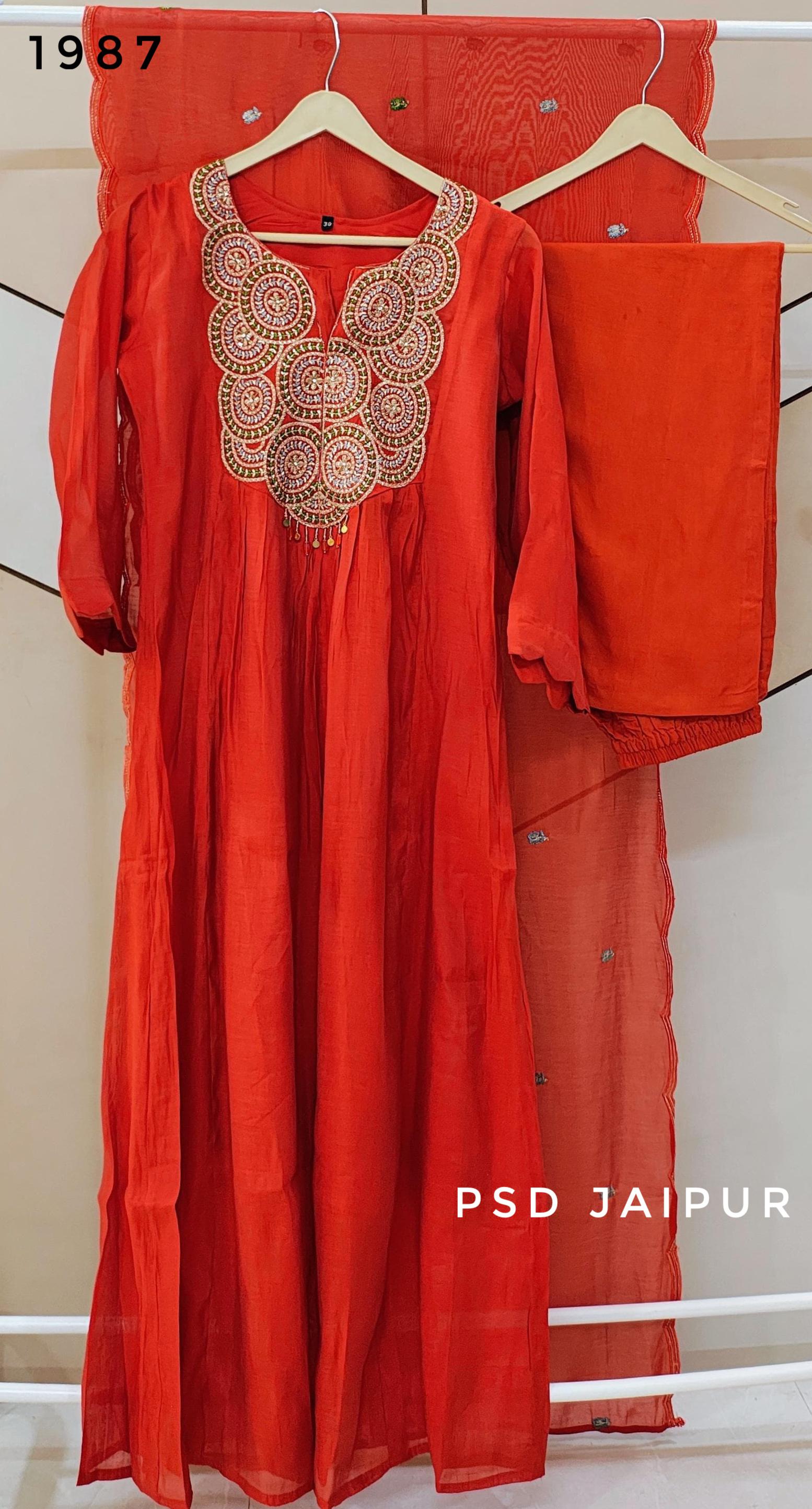 Rust Orange Mul Chanderi Suit
